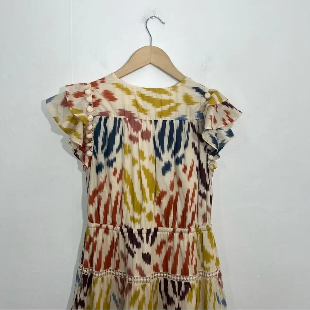 J. Crew Point Sur Tiered Pom Pom Midi Flutter Sleeve Cotton Ikat Dress Size 2